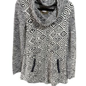 Anthropologie Gray and Black Cowl Neck Sweater with Geometric Pattern